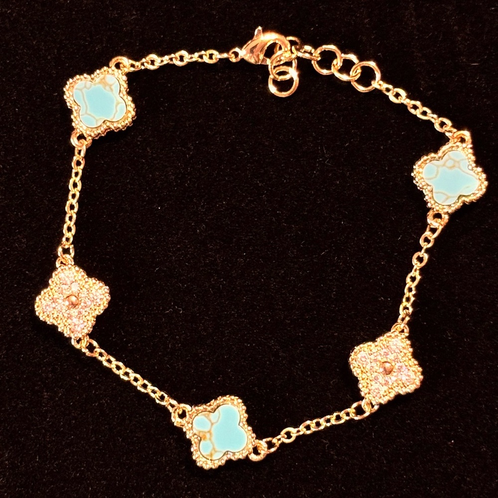 BUNDLED SET! Gold Bracelet Necklace Earrings with Turquoise Clover Accents